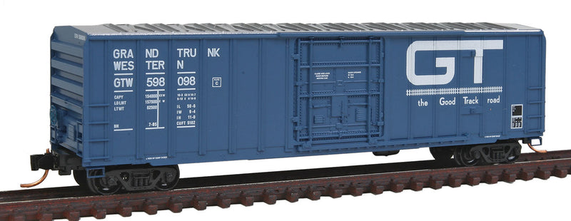 50' Rib-Side Plug-Door Boxcar No Roofwalk - Ready to Run -- Grand Trunk Western #598098 (blue, white, silver, Good Track Slogan)