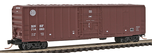 50' Rib-Side Boxcar w/Plug-Door, No Roofwalk - Ready to Run -- Burlington Northern & Santa Fe #714083 (Boxcar Red, White BN Circle/Cross)