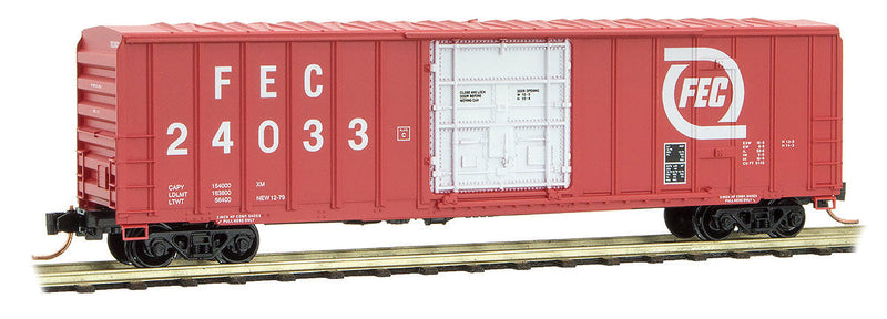 50' Rib-Side Plug-Door Boxcar No Roofwalk - Ready to Run -- Florida East Coast #24033 (red, white, Hurricane Logo)