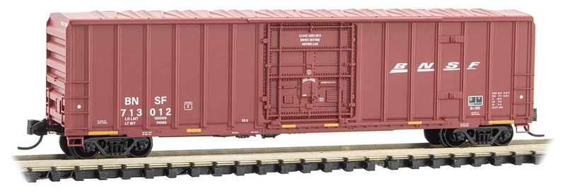 50' Rib-Side Plug-Door Boxcar No Roofwalk - Ready to Run -- BNSF Railway 713012 (Boxcar Red, Wedge Logo, yellow conspicuity marks)