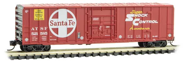 50' Rib-Side Plug-Door Boxcar No Roofwalk - Ready to Run -- Santa Fe #521585 (red, black, white; Large Logo, Shock Control Markings)