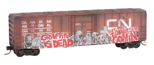 50' Rib-Side Plug-Door Boxcar No Roofwalk - Ready to Run -- Canadian National #404904 (Weathered, Boxcar Red, Zombie Graffiti)