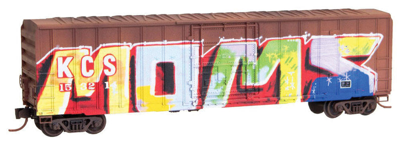 50' Rib-Side Plug-Door Boxcar No Roofwalk - Ready to Run -- Kansas City Southern #158214 (Weathered, Boxcar Red, Moms Graffiti)