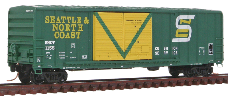 50' Rib-Side Double-Door Boxcar No Roofwalk - Ready to Run -- Seattle & North Coast SNCT #1155 (green, yellow, white)