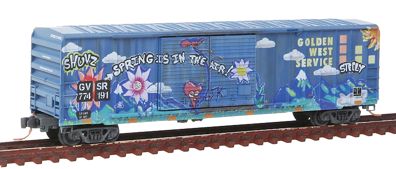 50' Rib-Side Double-Door Boxcar No Roofwalk - Ready to Run -- Golden West Service GVSR #774191 (Weathered, blue, Spring Graffiti)