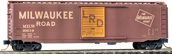 50' Single-Door Boxcar - Ready to Run -- Milwaukee Road #16619 (Weathered, Boxcar Red, yellow Door, LRD Lettering)