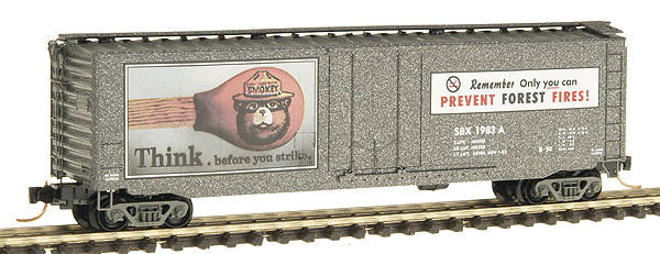 Smokey Bear Forest Fire Prevention Series 50' Plug Door Boxcars -- #5; SBX 1983 "Think before you strike" (gray w/full-color graphic)