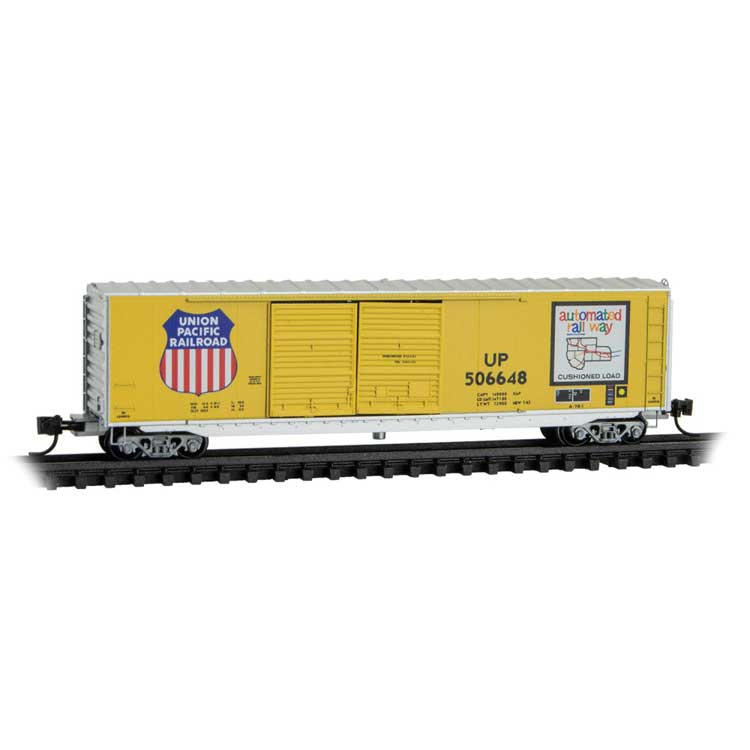 50' Double-Door Boxcar No Roofwalk - Ready to Run -- Union Pacific #506648 (Armour Yellow, silver, Automated Railway Logo)