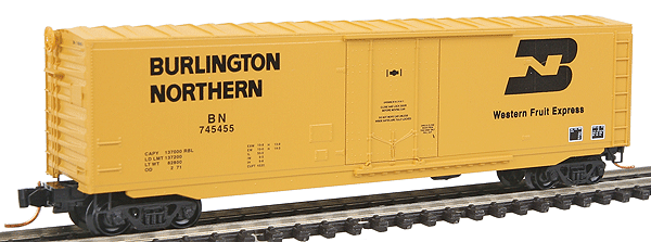 50' Plug-Door Boxcar No Roofwalk - Ready to Run -- Burlington Northern #745455 (yellow, black Herald & Lettering)