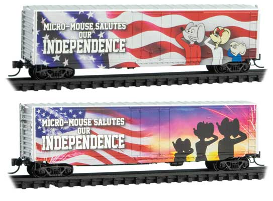 50' Plug-Door Boxcar No Roofwalk - Ready to Run -- Micro Mouse Independence Day (white, red, blue)