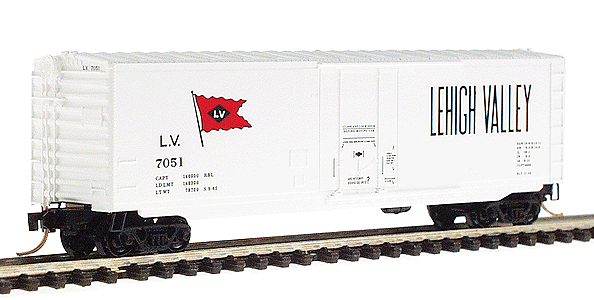 50' Standard Boxcar Plug Door No Roofwalk -- Lehigh Valley #7051 (white w/red LV flag logo, black lettering)