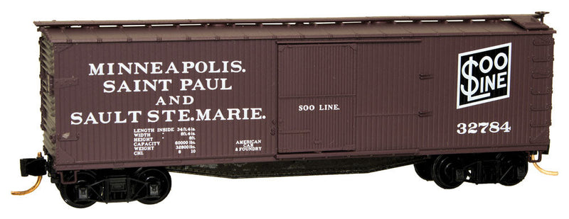 40' Double-Sheathed Wood Boxcar w/Vertical Brake Wheel - Ready to Run -- Soo Line #32784 (Boxcar Red, black, Large $ Logo)