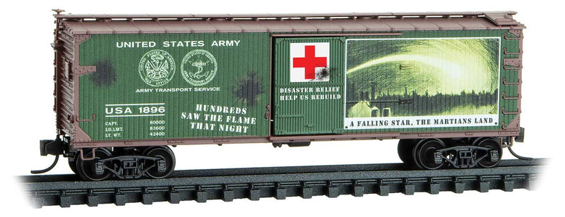 40' Double-Sheathed Wood Boxcar w/Vertical Brake Wheel - Ready to Run -- War of the Worlds USA #1896 (green, Boxcar Red, Series #1)