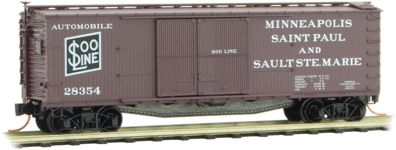 40' Double-Sheathed 1-1/2-Door Wood Boxcar, Vertical Brake Wheel Ready to Ru -- Soo Line 28354 (Boxcar Red, Auto Service, black Logo)