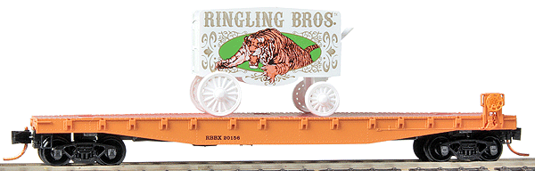 50' Fishbelly Flatcar w/Side Mount Brake Wheel w/Circus Wagon Load -- Ringling Bros. and Barnum & Bailey Traveling Big Top Extravaganza