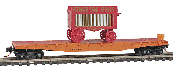 50' Fishbelly Flatcar w/Side-Mount Brake Wheel w/Circus Cage Wagon Load -- Ringling Bros. and Barnum & Bailey Traveling Big Top Extravaganza