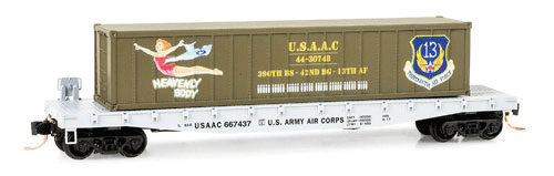 50' Steel Flatcar w/40' Container Load - Ready to Run -- USAAC #667437 (Caboose, #1 in WWII Nose Art Series)-1