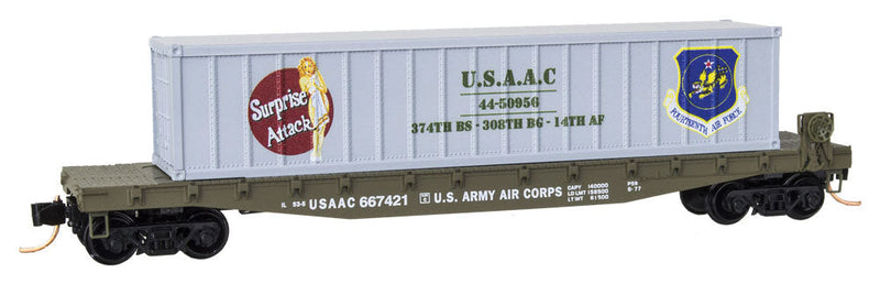 50' Steel Flatcar w/40' Container Load - Ready to Run -- USAAC #667421 (Surprise Attack, #7 in WWII Nose Art Series)