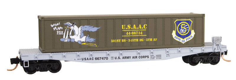 50' Steel Flatcar w/40' Container Load - Ready to Run -- USAAC #667470 (Special Delivery, #8 in WWII Nose Art Series)