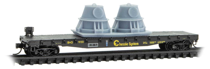 50' Fishbelly-Side Flatcar w/Side Brake Wheel & Vessel Head Load - Ready to Ru -- Chessie System B&O #9151 (black, yellow, unpainted load)