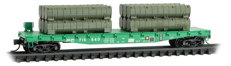 50' Fishbelly-Side Flatcar w/Side-Mount Brake Wheel & Tractor Load - Ready to -- Penn Central #715840 (Jade Green, Rocket Housing Load)