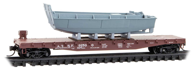 50' Fishbelly-Side Flatcar w/Landing Craft LCVP Load Kit - Ready to Run -- Santa Fe #91500 (Boxcar Red)