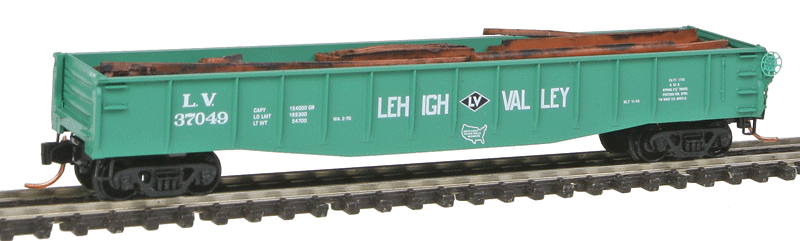 50' Gondola w/Fishbelly Sides, Drop-Ends & Scrap Metal Load - Ready to Run -- Lehigh Valley #37049 (Jade Green, Black Diamond Logo)