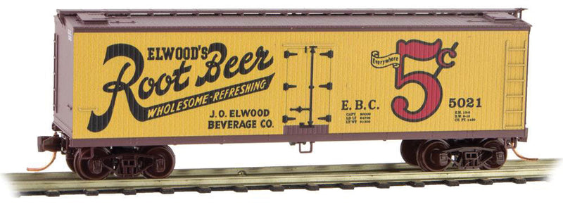 40' Double-Sheathed Wood Reefer w/Vertical Brake Wheel - Ready to Run -- Elwood Root Beer #5021 (yellow, black, red, Boxcar Red)