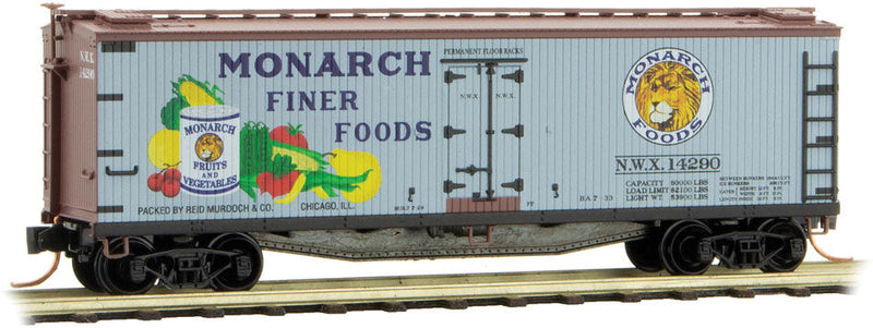 40' Double-Sheathed Wood Reefer with Vertical Brake Wheel - Ready to Run -- Monarch Finer Foods NWX 14200 (gray, Boxcar Red, Farm-to-Table Car 1)