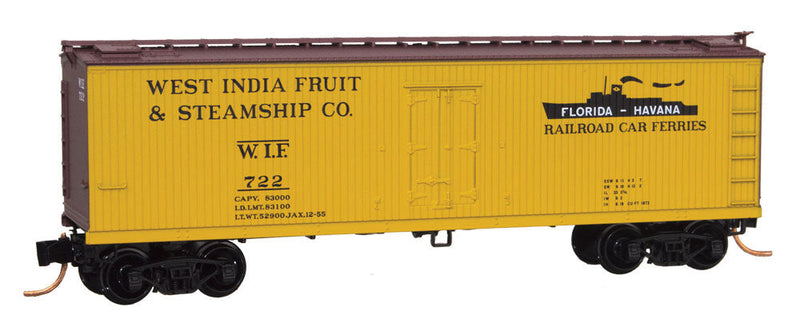 40' Double-Sheathed Wood Reefer w/Vertical Brake Wheel - Ready to Run -- West India Fruit & Steamship WIF #722 (yellow, Boxcar Red, black)