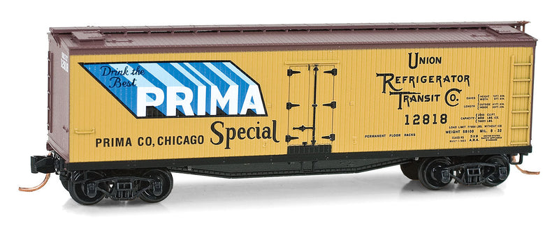 40' Double-Sheathed Wood Reefer - Ready to Run - Brewery Series -- Prima Co. URTX #12808 (#2 In Series; yellow, blue)