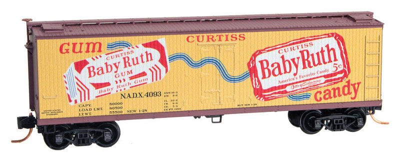 40' Double-Sheathed Wood Reefer w/Vertical Brake Wheel - Ready to Run -- Nestle Baby Ruth NADX #4093 (yellow, Boxcar Red, red, #1 in Nestle Series)