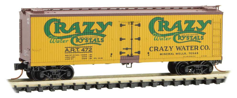 40' Double-Sheathed Wood Reefer with Vertical Brake Wheel - Ready to Run -- Crazy Water Co. ART 472 (yellow, Boxcar Red, green)
