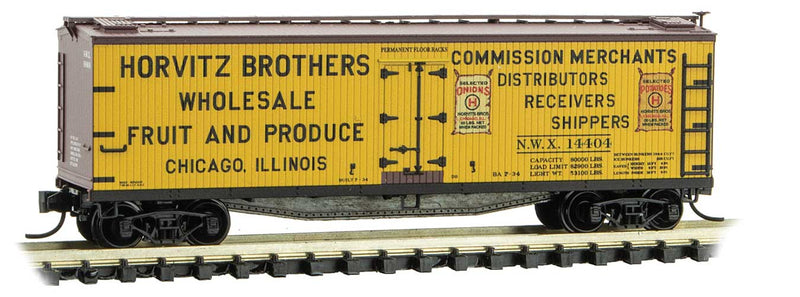 40' Double-Sheathed Wood Reefer with Vertical Brake Wheel - Ready to Run -- Horvitz Brothers Wholesale NWX 14404 (yellow, Boxcar Red, Farm-to-Table 11)