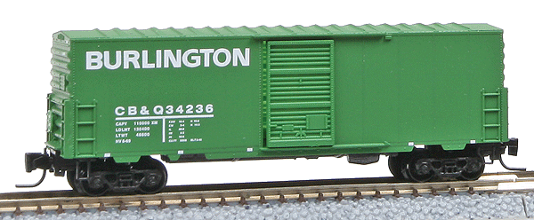40' Boxcar No Roofwalk - Ready to Run -- Chicago, Burlington & Quincy #34236 (green, white Logo and Lettering)