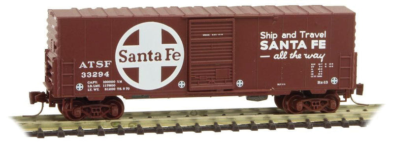 40' Single-Door Boxcar No Roofwalk - Ready to Run -- Santa Fe #33294 (Boxcar Red, white, Large Logo, Ship & Travel Slogan)