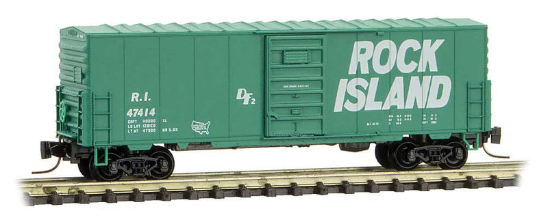 40' Single-Door Boxcar No Roofwalk - Ready to Run -- Rock Island 47414 (green, white, billboard Lettering)