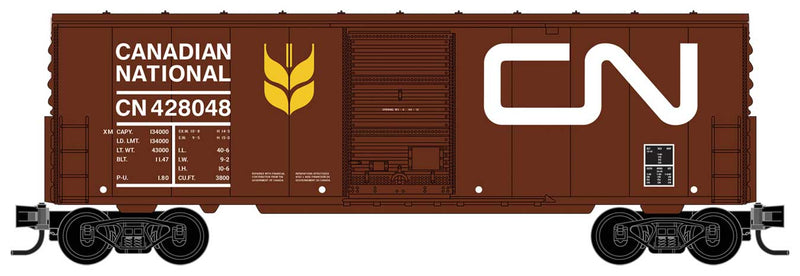 40' Single-Door Boxcar No Roofwalk - Ready to Run -- Canadian National 428048 (Boxcar red, white, Noodle Logo, yellow Wheat Sheaf