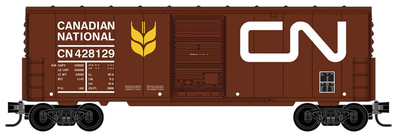 40' Single-Door Boxcar No Roofwalk - Ready to Run -- Canadian National 428129 (Boxcar red, white, Noodle Logo, yellow Wheat Sheaf