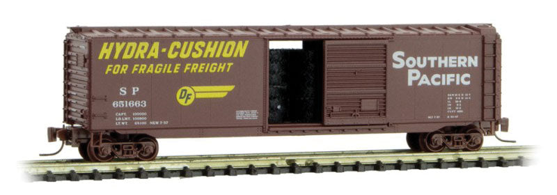 50' Single-Door Boxcar with Tractor Tire Load - Ready to Run -- Southern Pacific 651663 (Boxcar Red, yellow, white, Hydra Cushion Markings)