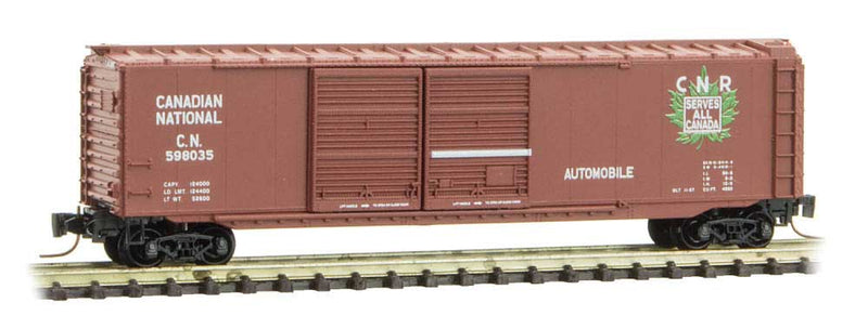 50' Double-Door Boxcar - Ready to Run -- Canadian National 598035 (Boxcar Red, green CNR Leaf Logo)