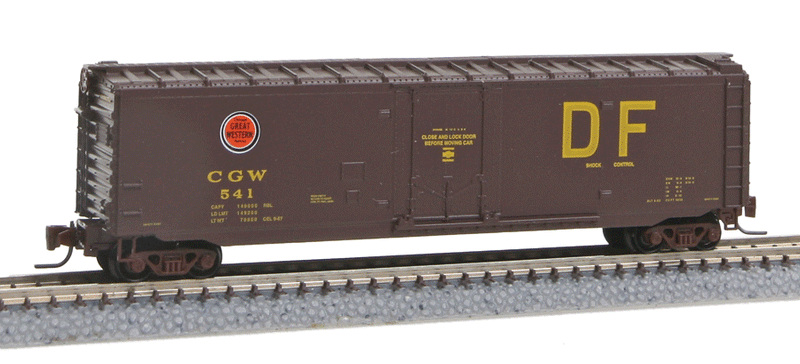 50' Plug-Door Boxcar - Ready to Run -- Chicago Great Western #541 (Boxcar Red, red, yellow, Lucky Strike & DF Logos