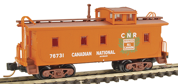 34' Wood-Sheathed Caboose with Straight Cupola - Ready to Run -- Canadian National 79157 (orange, green, white, CNR Maple Leaf Logo)-1
