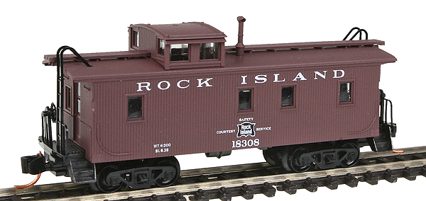 34' Wood Sheathed Caboose w/Straight Cupola -- Rock Island #18308 (Boxcar Red, black and white Logo, white Lettering)