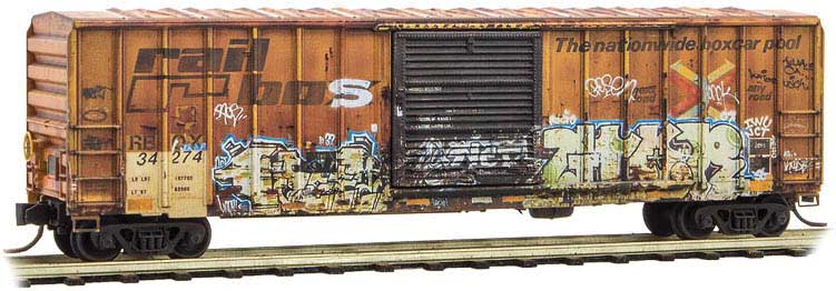 50' Rib-Side Single-Door Boxcar No Roofwalk - Ready to Run -- Railbox 34274 (weathered, yellow, black, World Oceans Day Graffiti)
