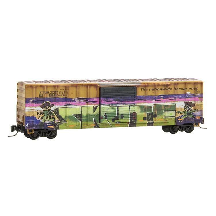 50' Rib-Side Single-Door Boxcar No Roofwalk - Kit -- Railbox #34856 (Weathered, yellow; Cowboy & King Graffiti)-1