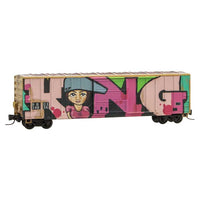 50' Rib-Side Single-Door Boxcar No Roofwalk - Kit -- Railbox #34856 (Weathered, yellow; Cowboy & King Graffiti)