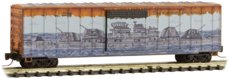 50' Rib-Side Single-Door Boxcar No Roofwalk - Ready to Run -- Railbox 34384 (Weathered, yellow, black, Pearl Harbor graffiti)-1