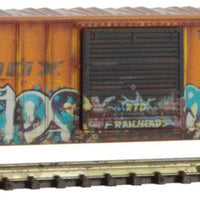 50' Rib-Side Single-Door Boxcar No Roofwalk - Ready to Run -- Railbox 34384 (Weathered, yellow, black, Pearl Harbor graffiti)