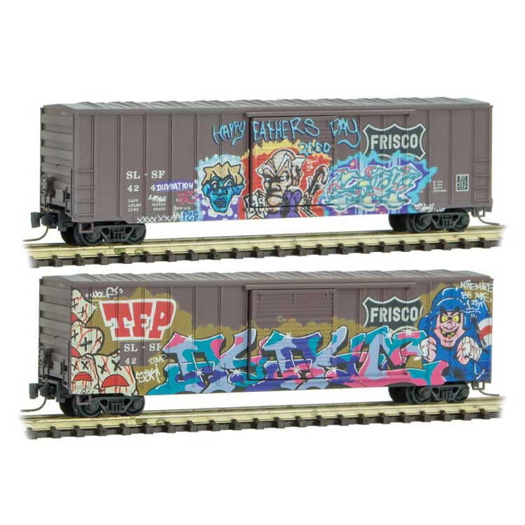 50' Rib-Side Single-Door Boxcar No Roofwalk 2-Pack - Ready to Run -- St. Louis-San Francisco (Weathered, Boxcar Red, black Frisco Logo, Graffiti)